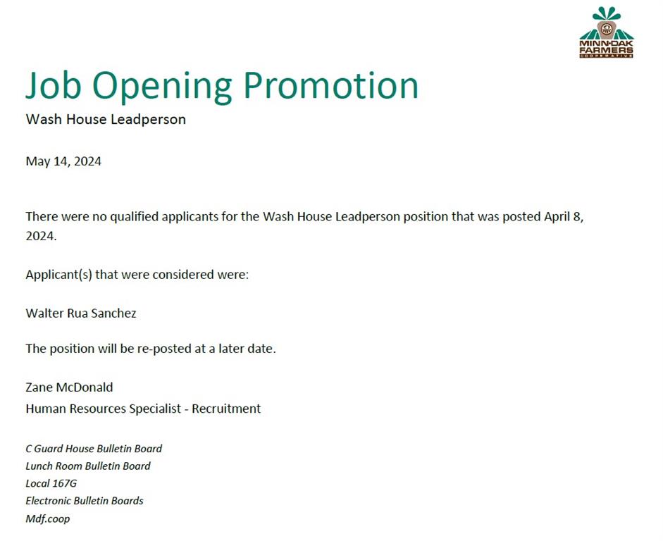 Employee Information MinnDak Farmers Cooperative Wahpeton, ND